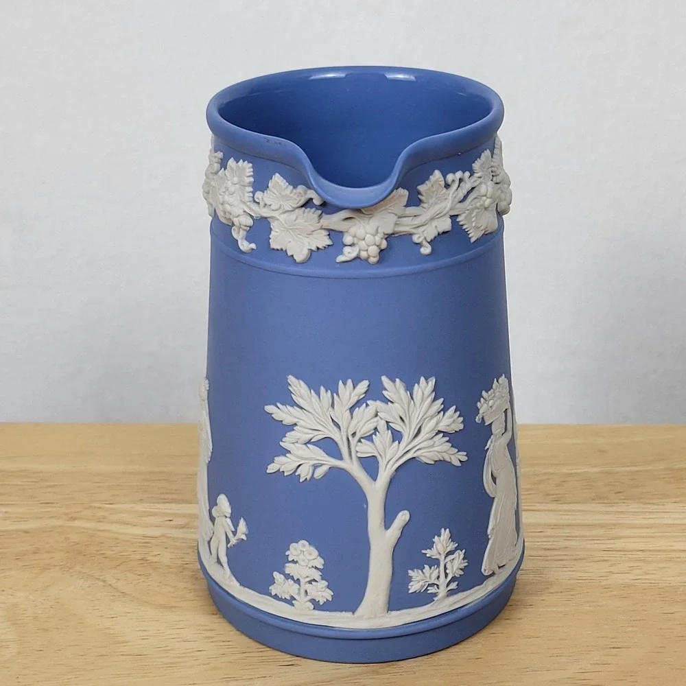 Vintage Royal Doulton Jasperware Style Blue Pitcher Trojan Jug Grapevine England